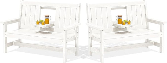 SERWALL Outdoor Bench with Cup Holder, Oversized 58" HDPE Porch Bench Suitable by SERWALL