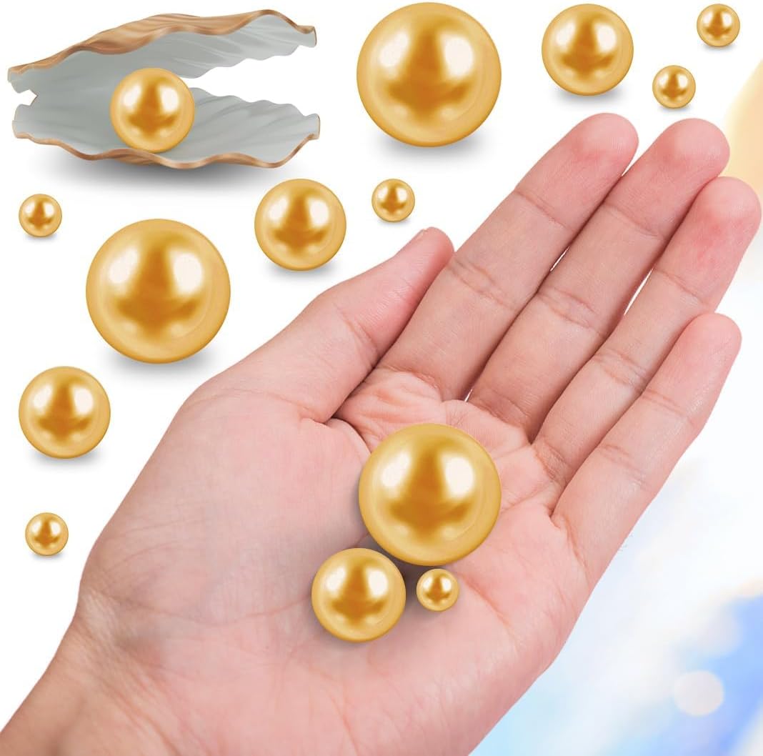 300Pcs Gold Polished No Hole Faux Pearl Beads for Vase Filling Decorations, Plastic Pearls Vase Fillers, Table Scatters, Wedding Centerpiece, Home Decor, 8/14/20 mm