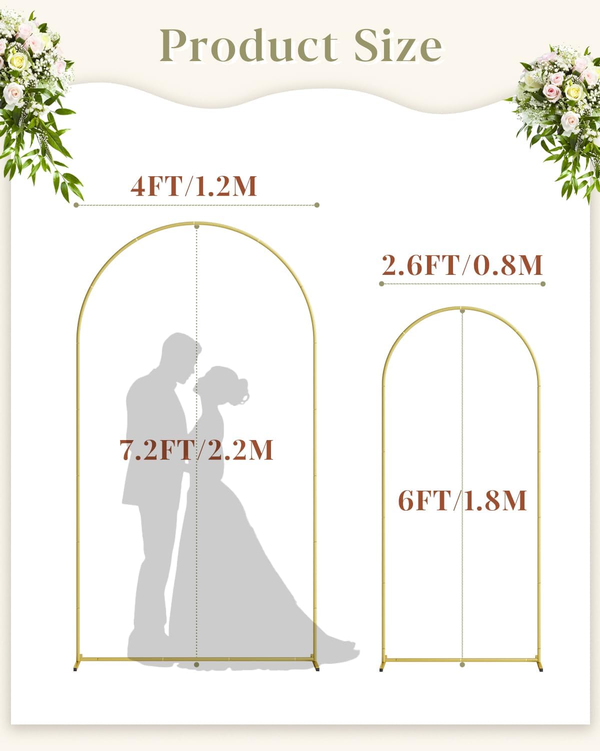 Wedding Arch Set of 2, Gold Metal Arch Backdrop Stand, Balloon Arch Stand Wedding Frame for Ceremony Decoration (Gold, 7.2FT, 6FT Arch Backdrop)