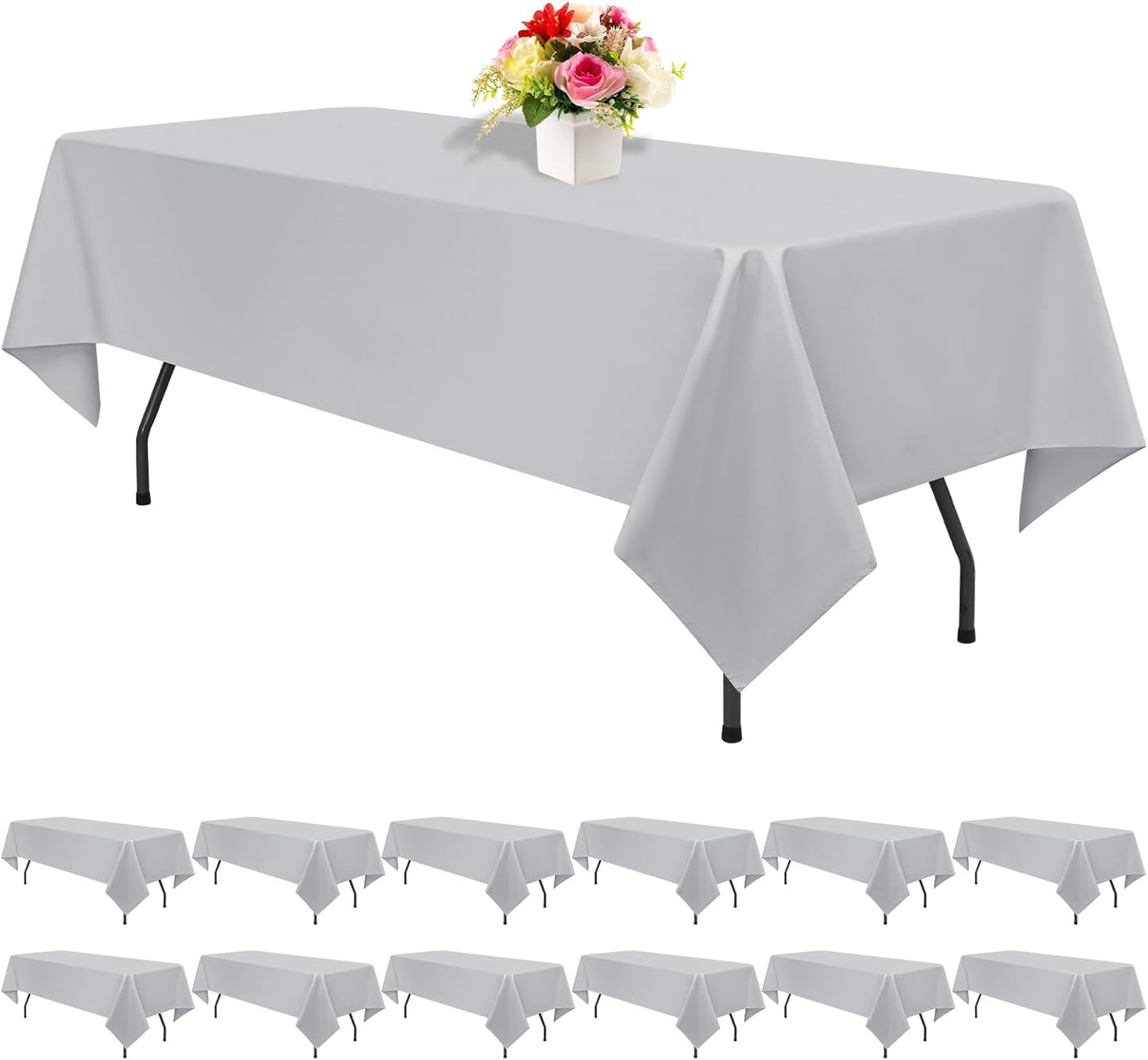 12 Pack Light Grey Tablecloths for Rectangle Tables 60 x 126 Inch Polyester Tablecloth 8 Foot Rectangle Table Cloth Wrinkle Resistant Washable Fabric Table Cover for Party Wedding Banquet Events