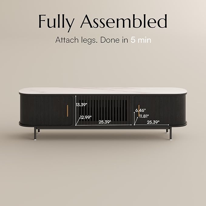 POVISON Fully-Assembled Sliding Tambour Door TV Stand, Mid Century Modern - Image 2