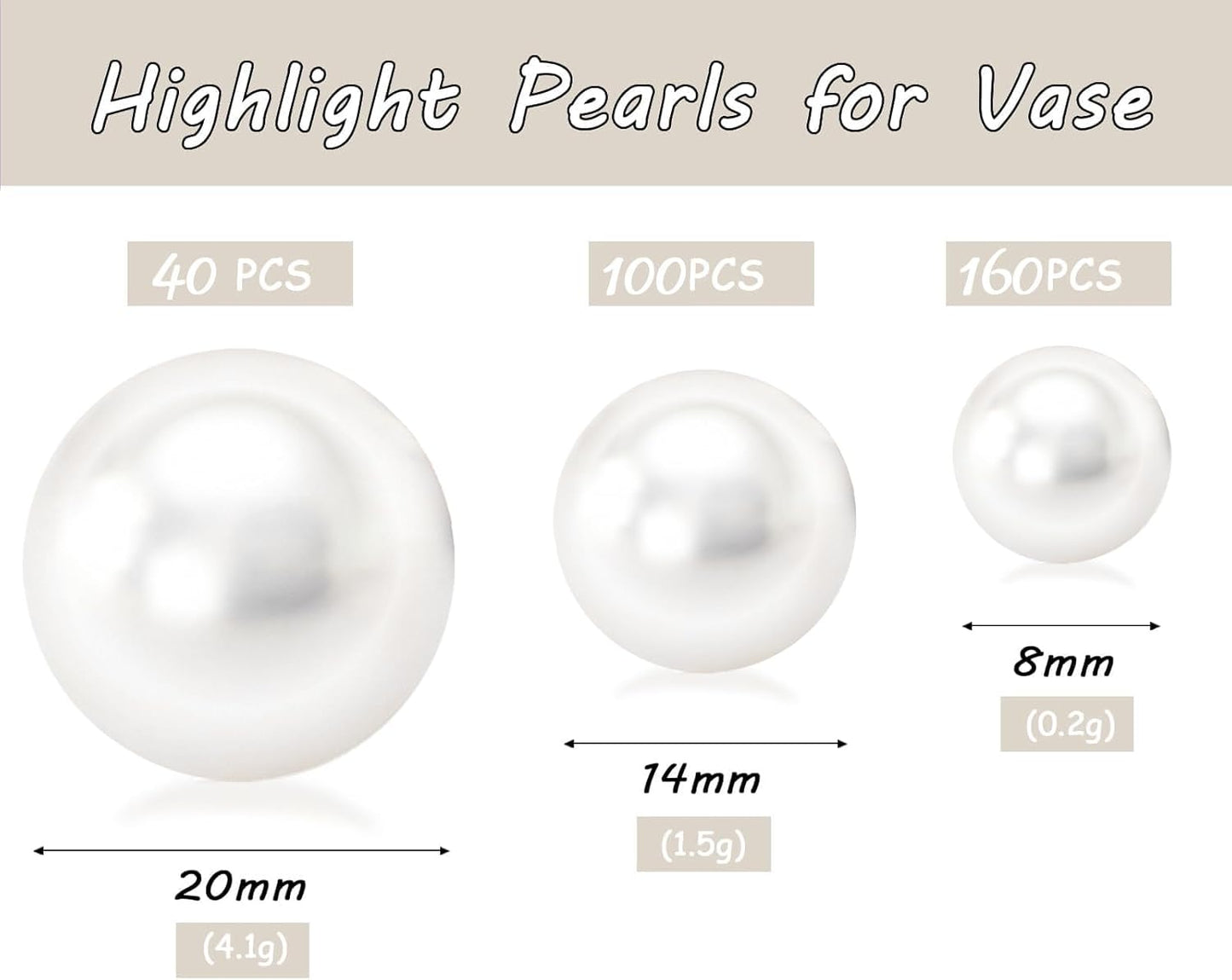 300Pcs White Polished No Hole Faux Pearl Beads for Vase Filling Decorations, Plastic Pearls Vase Fillers, Table Scatters, Wedding Centerpiece, Home Decor, 8/14/20 mm