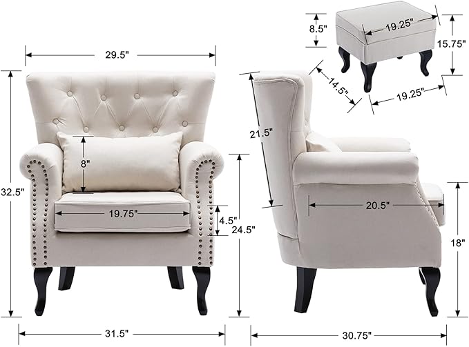 Mid Century Modern Accent Chair Upholstered Armchair Comfy Linen Fabric Tufted - Image 2