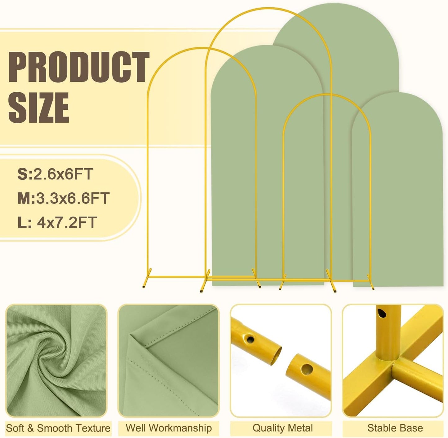 MODFUNS Metal Arch Backdrop Stand and Cover Set 6&6.6&7.2ft Sage Green Arch Backdrop Covers Gold Wedding Arch Stand Set of 3 Spandex Arched Covers for Party Birthday Banquet Wedding Decoration