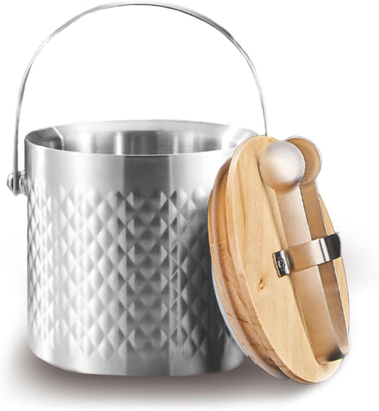 Stainless Steel Hammered Insulated Ice Bucket with Wooden Lid and Ice Tongs Holds 3L of Ice Keep Ice Colder Bar Cart Accessories Champagne Bucket for Party 3L