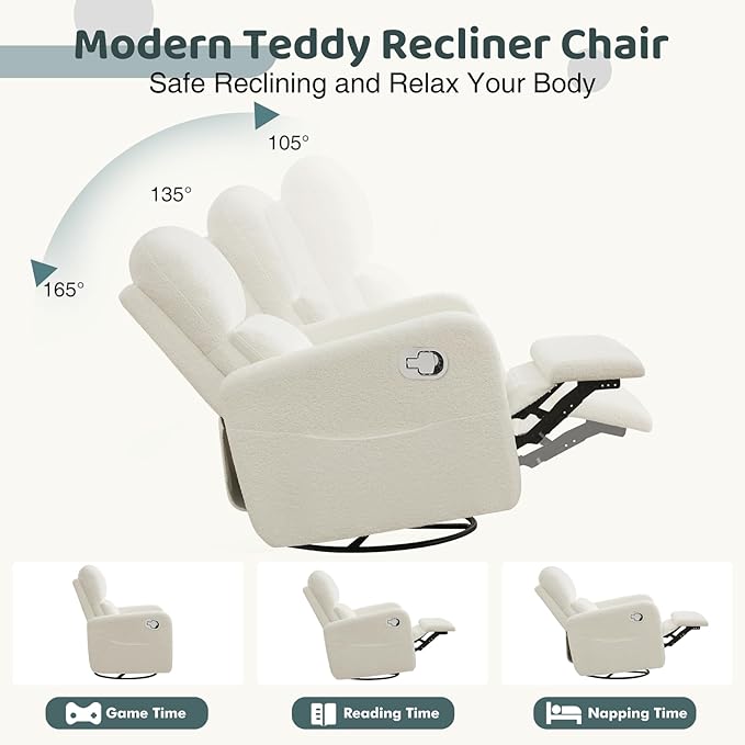 Swivel Rocker Recliner, Oversized Boucle Glider Recliner Nursery, Manual Swivel - Image 4