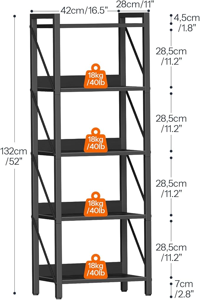 HOOBRO Bookshelf, 5-Tier Industrial Bookcase, Book Shelf Storage Organizer - Image 3