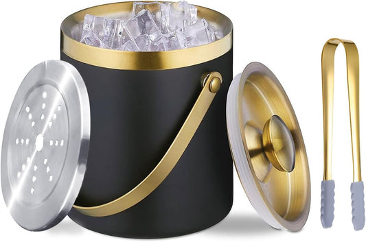 Insulated Ice Bucket with Lid, Handle and Tong Black Gold Stainless Steel Champagne Bucket for Party 3L Bar Cart Accessories Keep Drinks Chilled