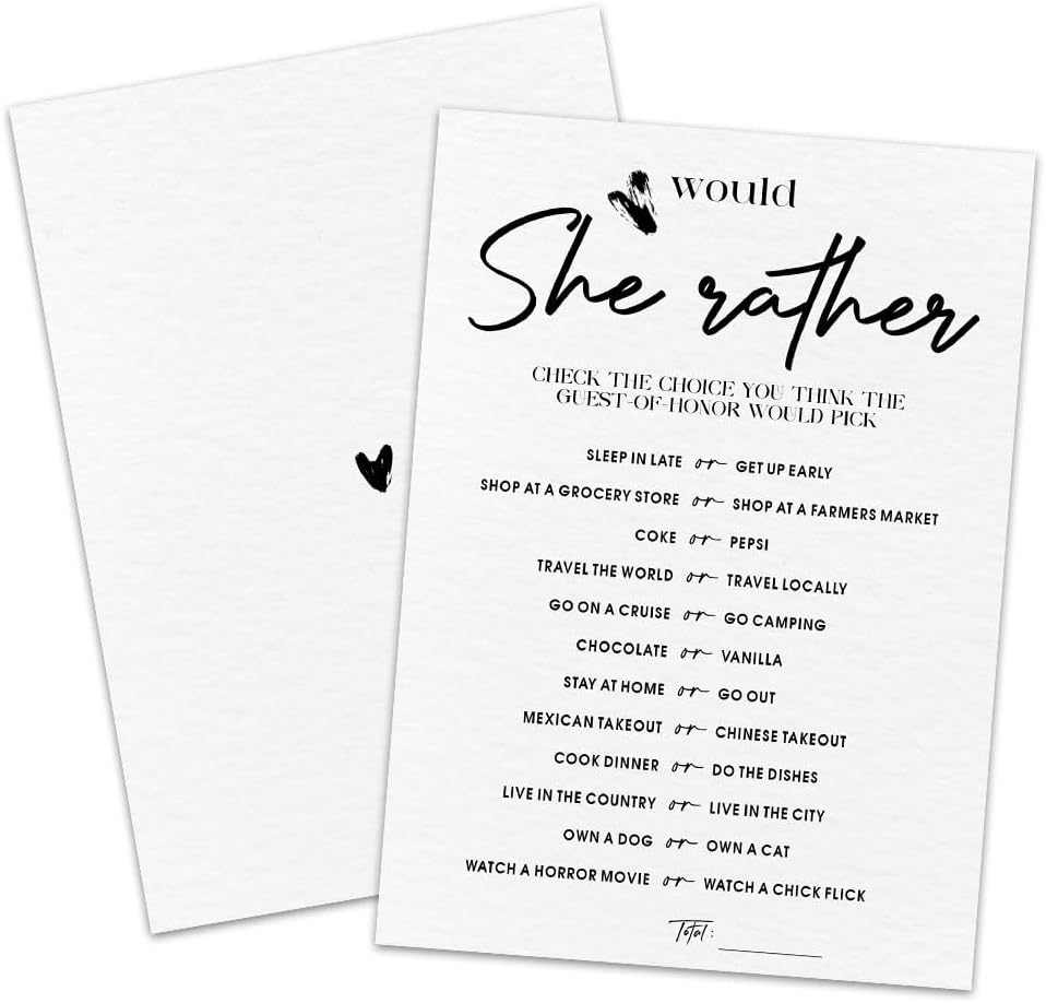 30 Minimalism Game Cards - Would She Rather - Bridal Shower, Engagement, Mr & Mrs, Newlyweds, Wedding Games, Party Activities & Supplies - B04 White