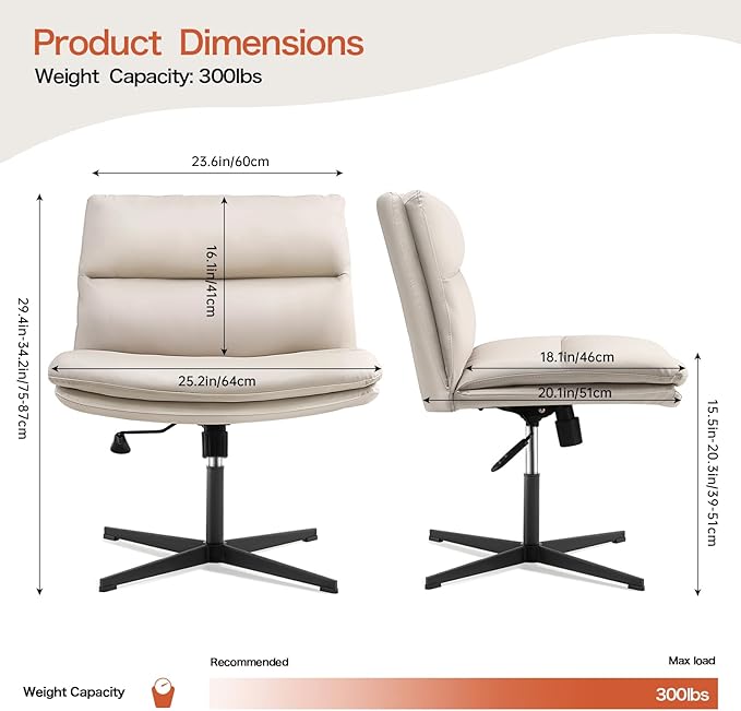 EMIAH Armless Office Desk Chair No Wheels PU-Padded Vanity Mid-Back Ergonomic - Image 3