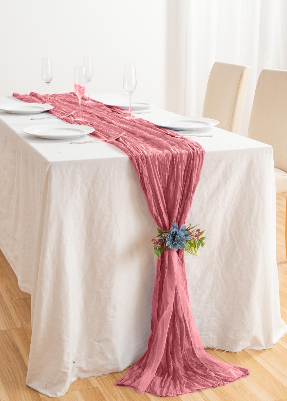 8 Pack 10Ft Table Runner 35x120 inch Dusty Rose Boho Gauze Table Cheese Cloth Long Wrinkled Sheer Table Runner for Wedding Bridal Shower Birthday Party Table Decor