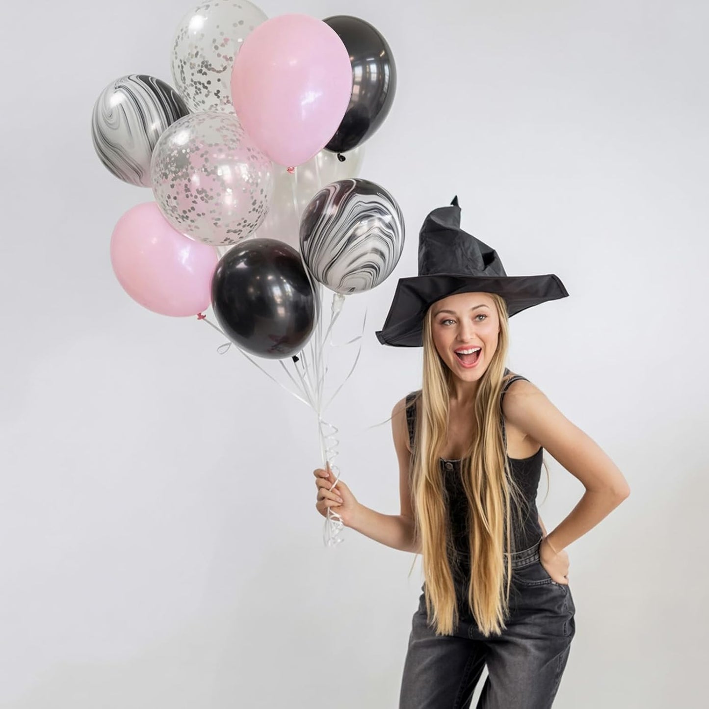Balloons Black and Pink, 60 Packs 12 Inch Pink Black White Latex Balloon with Agate Balloon Silver Confetti Balloons for Girls Birthday Baby Shower Halloween Party