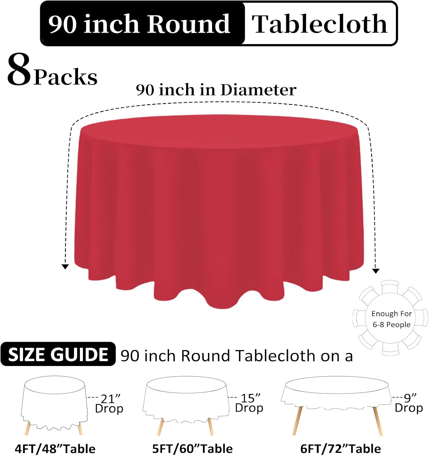 8 Pack Red Round Tablecloth 90 Inch Red Table Cloth Stain and Wrinkle Resistant Reusable and Washable Polyester Fabric Table Covers for Buffet Wedding Party and Banquet