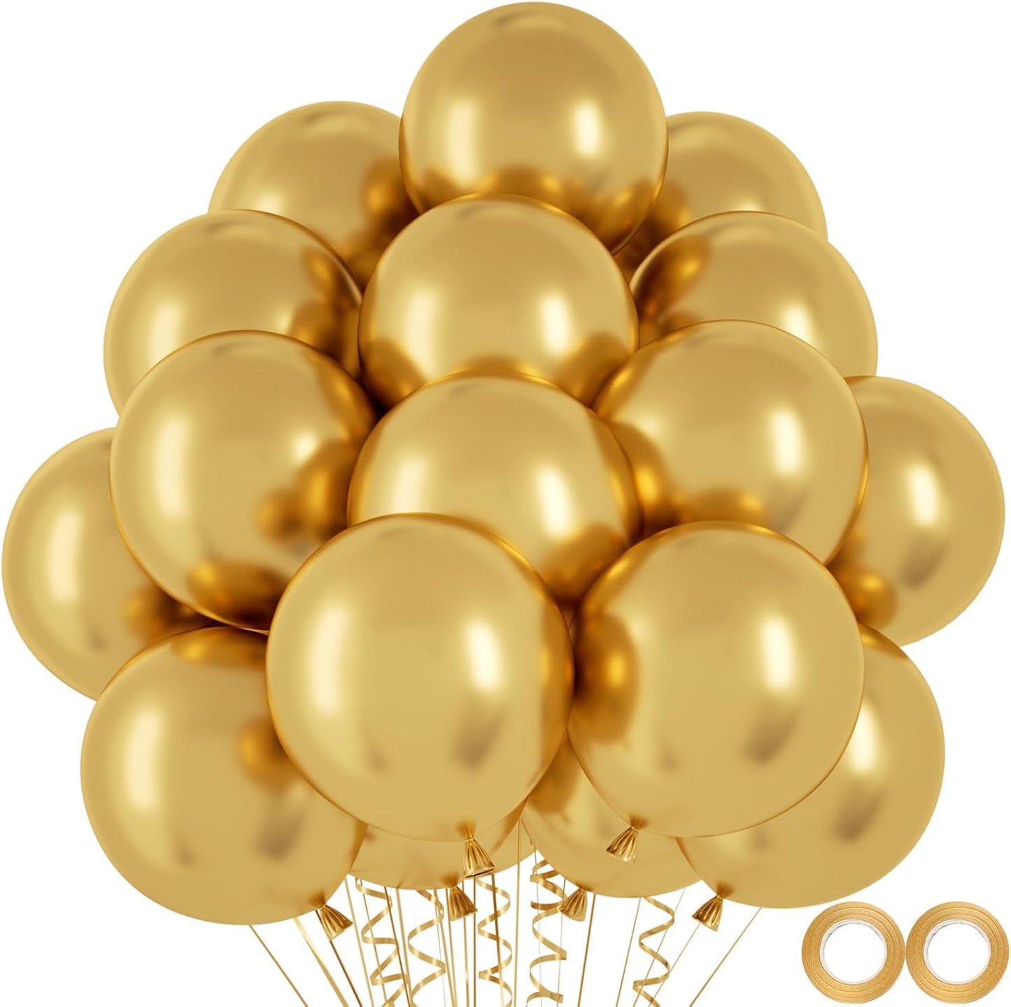 100pcs Metallic Gold Balloons, 12 inch Chrome Gold Latex Party Balloons Helium Quality for Birthday Party, Wedding, New Year Eve Party Decoration (with 66ft Ribbon)