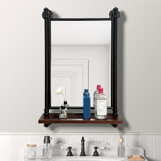 Industrial Pipe Mirror Wood Shelves, Bedroom Mirror by OLDRAINBOW