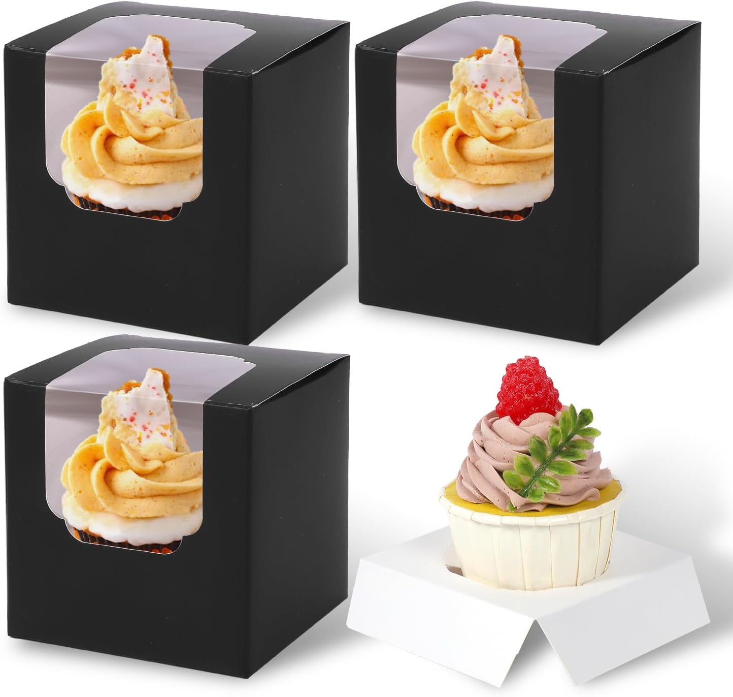 JCD 120 Boxes+120 Inserts Black Cupcake Boxes Individual Cupcake Container 3.5" x 3.5" x 3.5" Auto-Pop up Single cake Box for Bakery Gift Giving (Black/120Pcs)