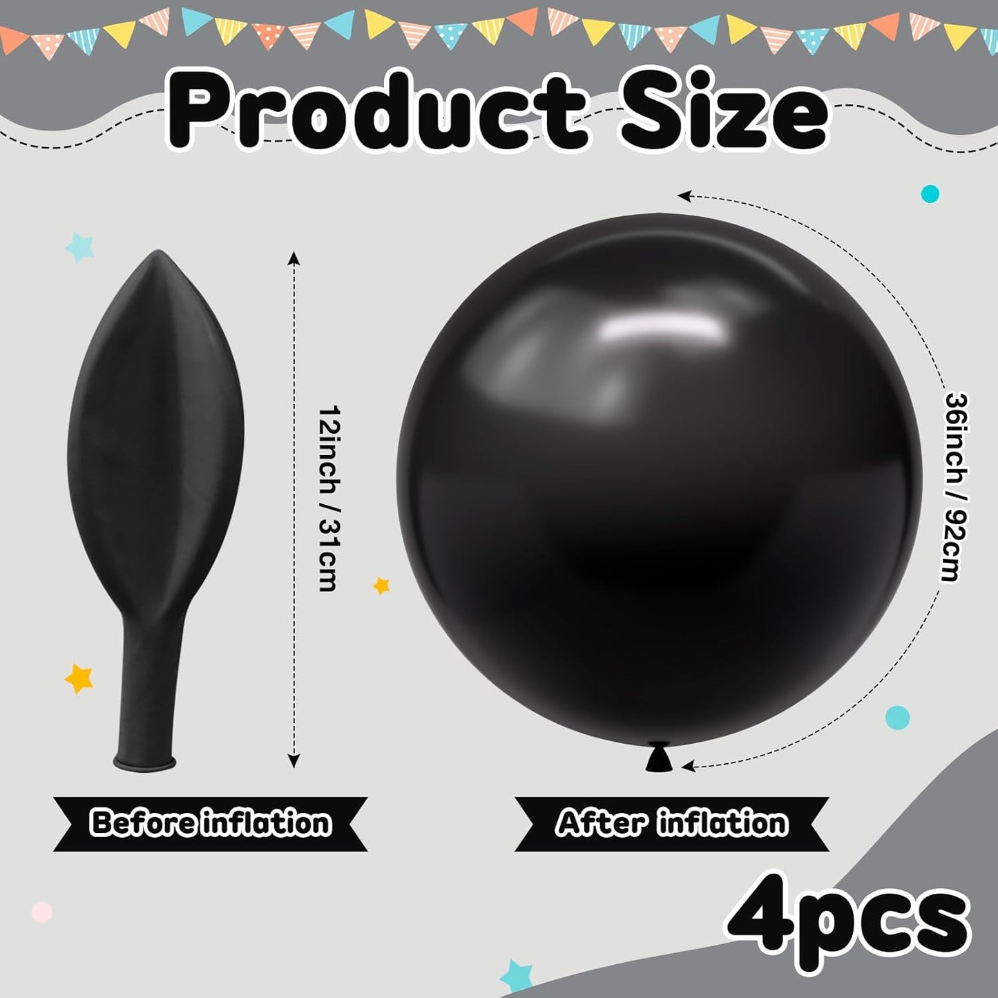 36 inch Giant Balloons, 4pcs Large Black Latex Balloon for Birthday Wedding Decorations Photo Shoot Party Decorations