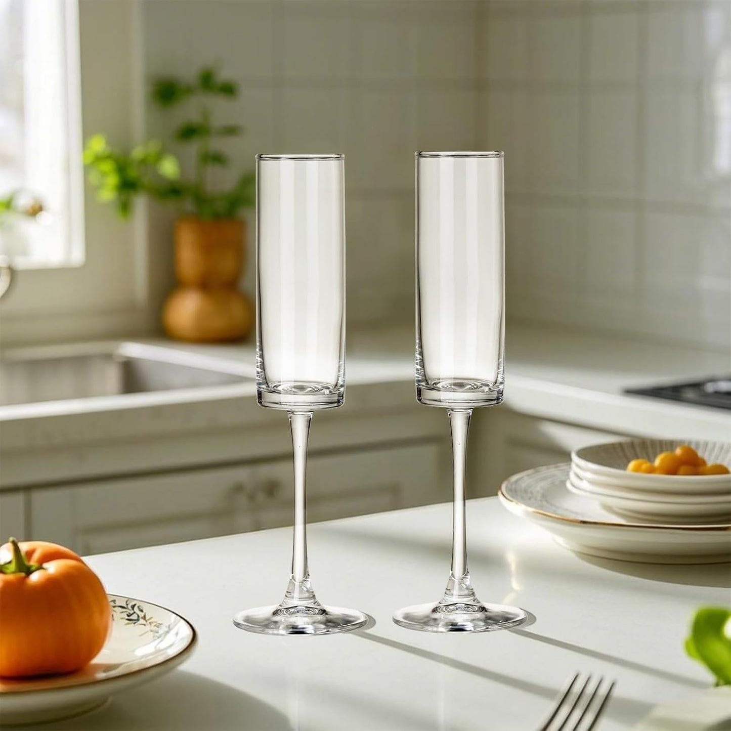 24 Pieces Clear Champagne Flutes 6 OZ Straight Sided Wine Glasses Champagne Long Stem Drinking Colored Glasses,Set of 24 Hand Blown Champagne Flutes Goblets for Wedding Cocktail Cups,Cava, Prosecco