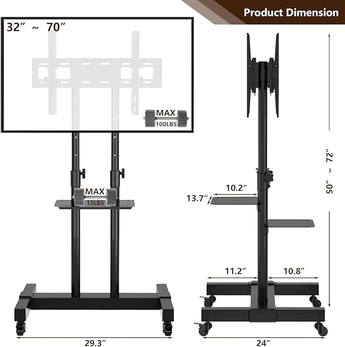 Mobile TV Stand Rolling TV Cart Floor Stand - Image 6