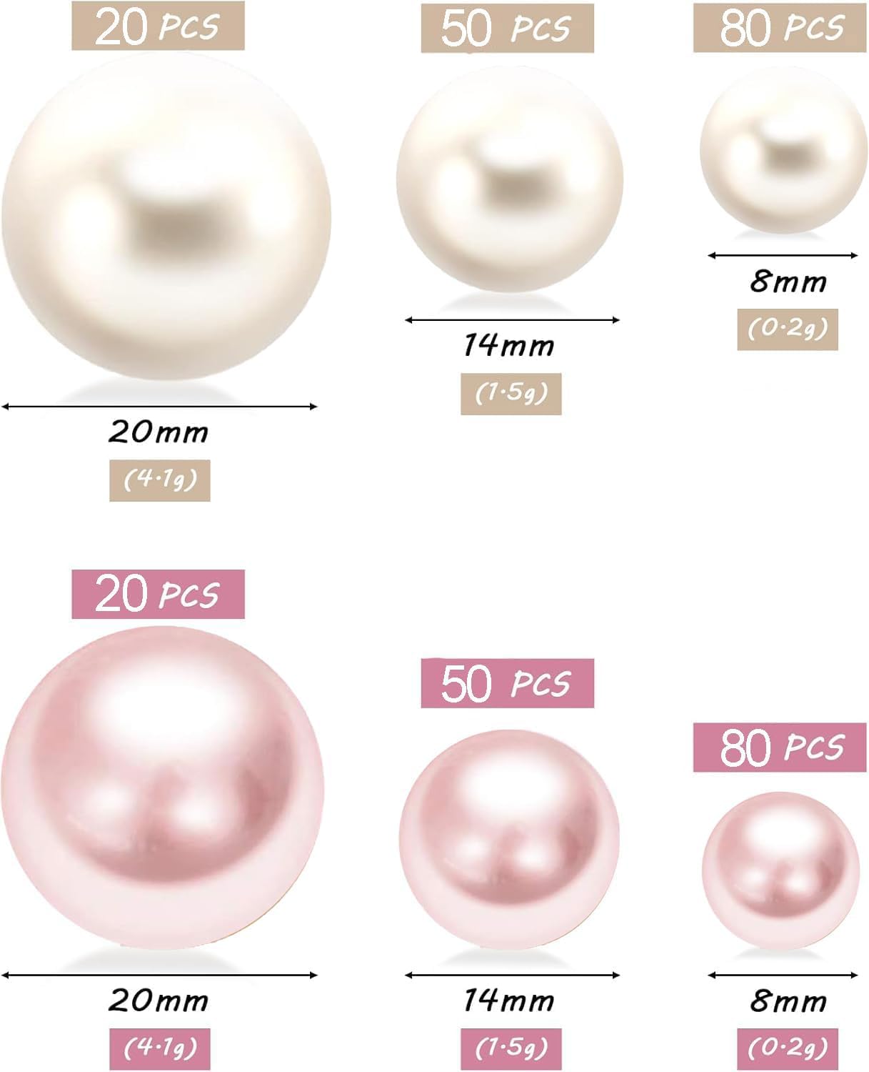 300Pcs Cream&Pink Polished No Hole Faux Pearl Beads for Vase Filling Decorations, Plastic Pearls Vase Fillers, Table Scatters, Wedding Centerpiece, Home Decor, 8/14/20 mm