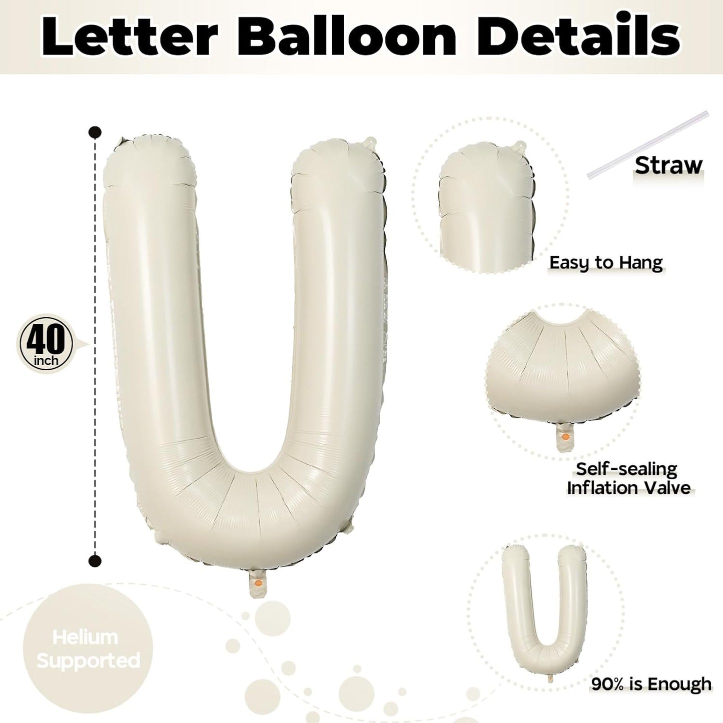 Big Letters Balloon U, 40 Inch Cream White Sand Helium Mylar Alphabet for Customizing Name, Self Inflating Beige Foil Custom Letter for Girls Birthday Party Baby Shower Decoration