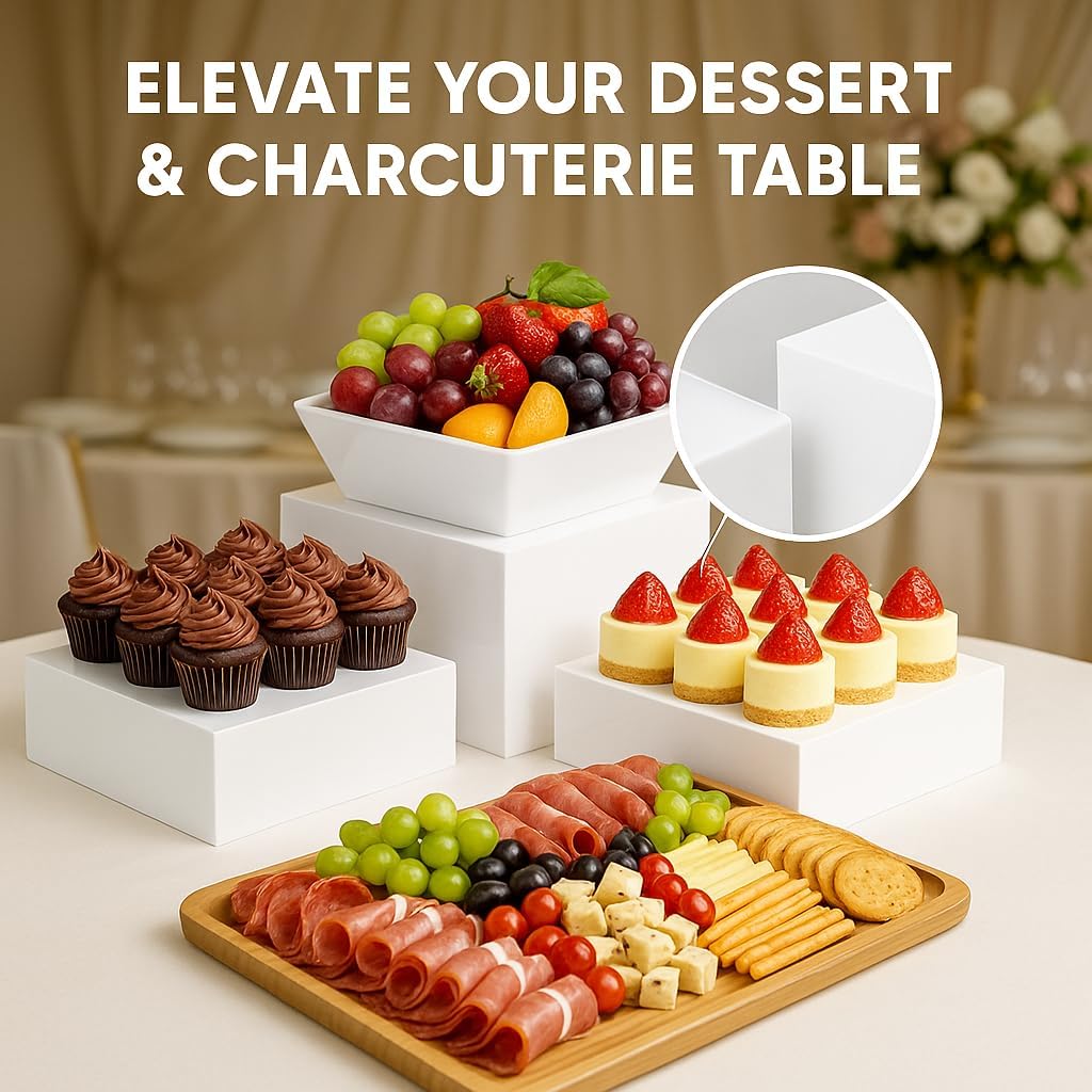 Buffet Risers 4-Pack – White Acrylic Cube Display Stands, Seamless Thick Acrylic Table Risers with Mini Sign Kit, Nesting Dessert, Party, Charcuterie & Retail Displays