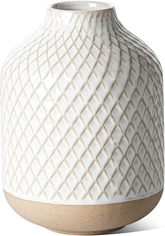 Small Boho Vase for Decor,Rustic Farmhouse Vase for Pampas Grass,Eucalyptus Set and Tiny Stem Flowers,Ceramic Vintage for Centerpieces, 5.3 Inch -Rhombus, Embossment