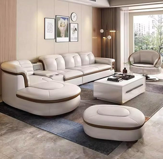 Luxury L-Shaped Genuine Leather Sectional Sofa Set by Unknown