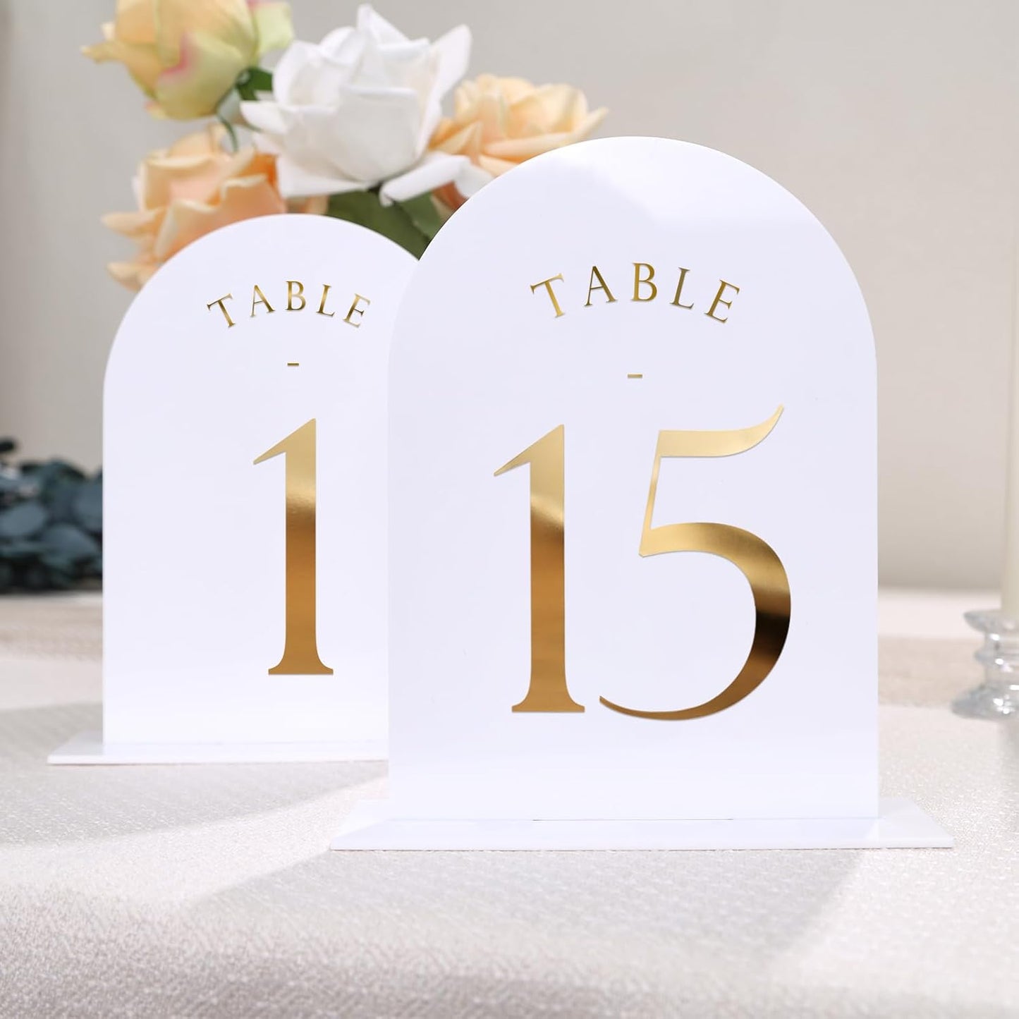 UNIQOOO White Arch Wedding Table Numbers with Stands 1-15, Gold Foil Printed 5x7 Double sided Acrylic Signs and Holders, Perfect for Centerpiece, Reception, Decoration, Party, Anniversary, Event