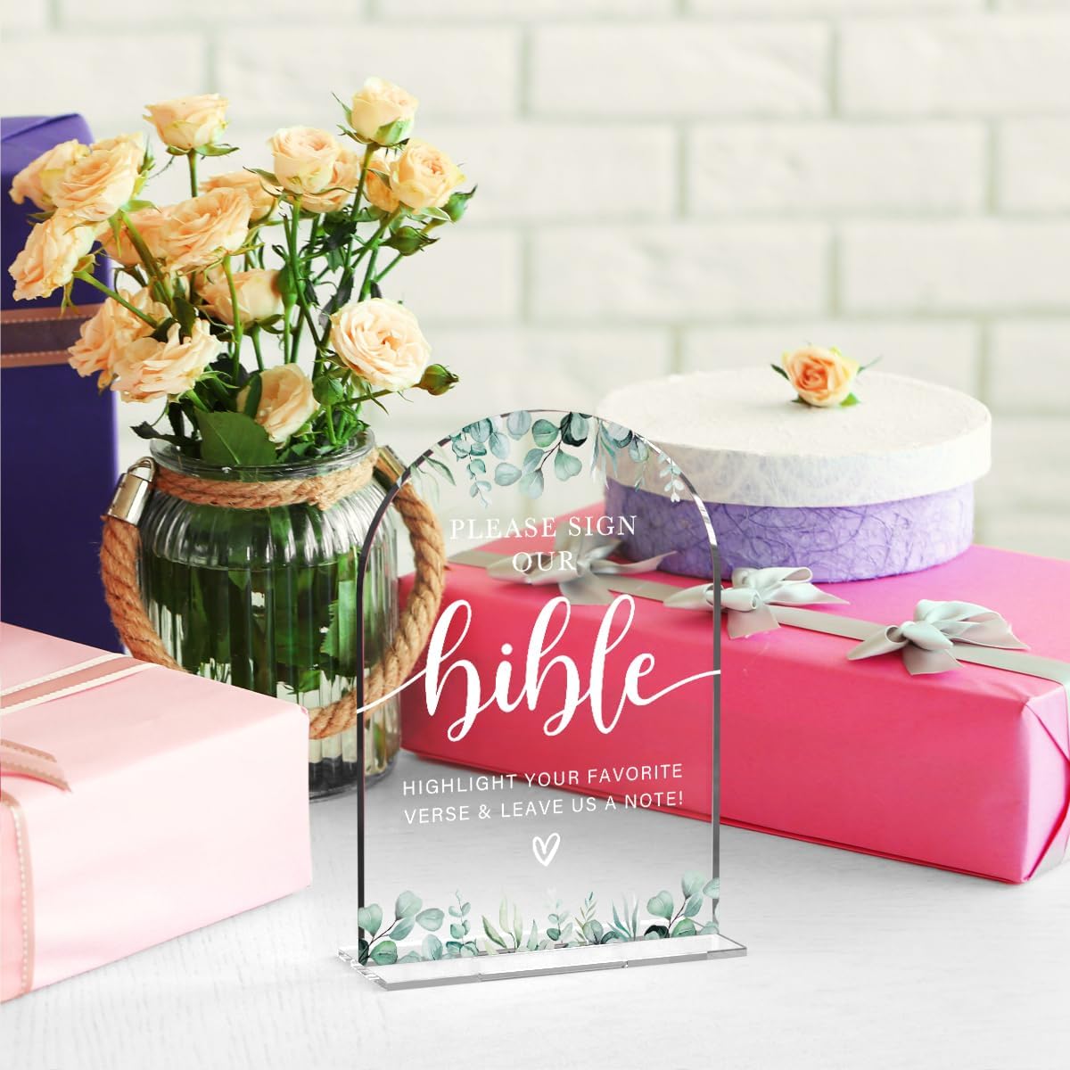 Acrylic Wedding Sign Please Sign Our Bible Signs for Ceremony Modern Calligraphy Arch Acrylic Table Top Signs for Wedding Reception and Event Party Table Decor (Eucalyptus Leaves)