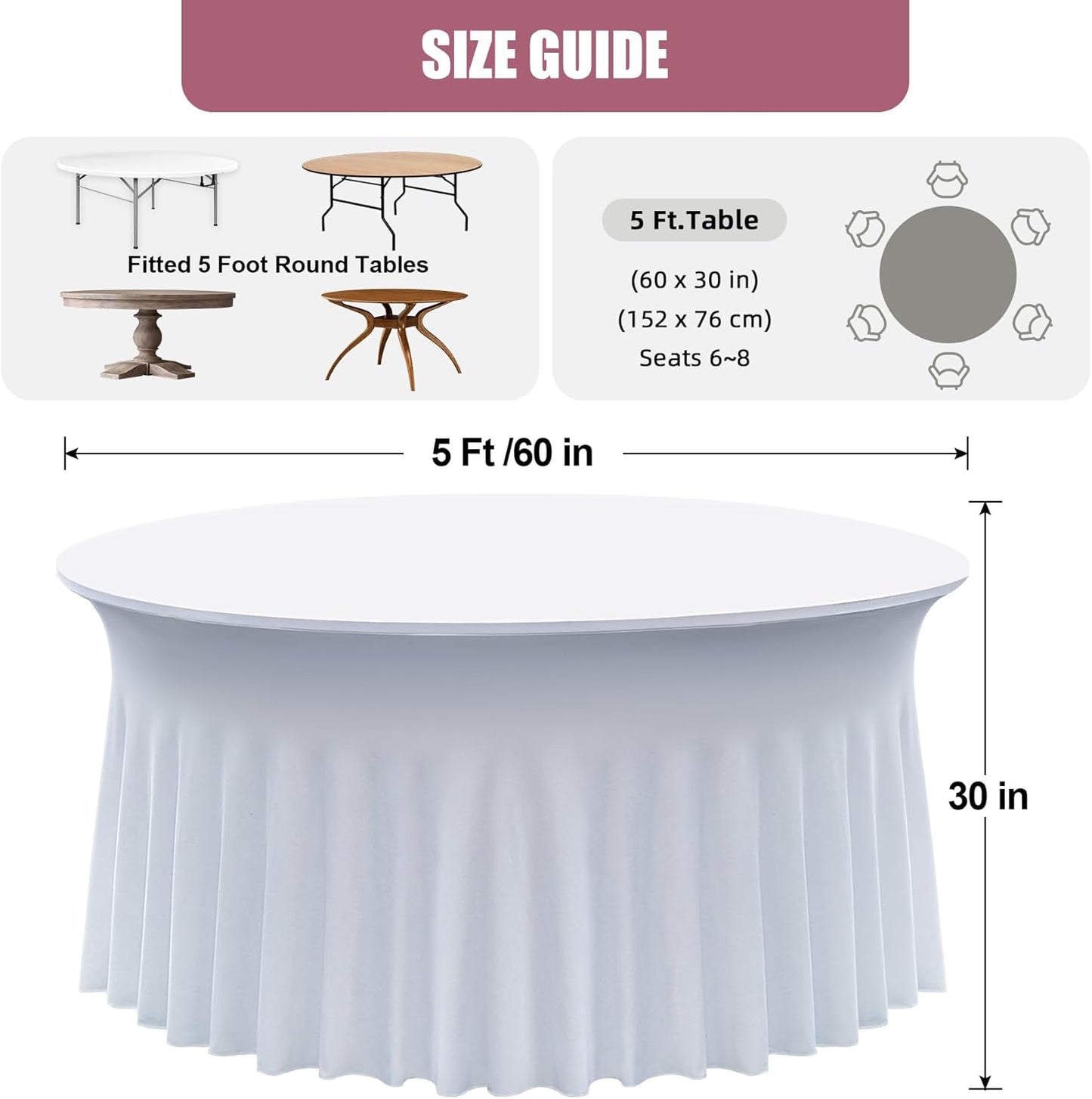 4 pk White Round Spandex Tablecloth for 60in Tables, Wrinkle Free Stretchy 120inch Fitted 5FT Table Cloths Round Table Covers with Skirt for Wedding Party Dining Banquet Events
