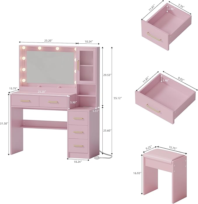 Makeup Vanity with Lights & Charging Station, Vanity Desk with Mirror & Lights - Image 3