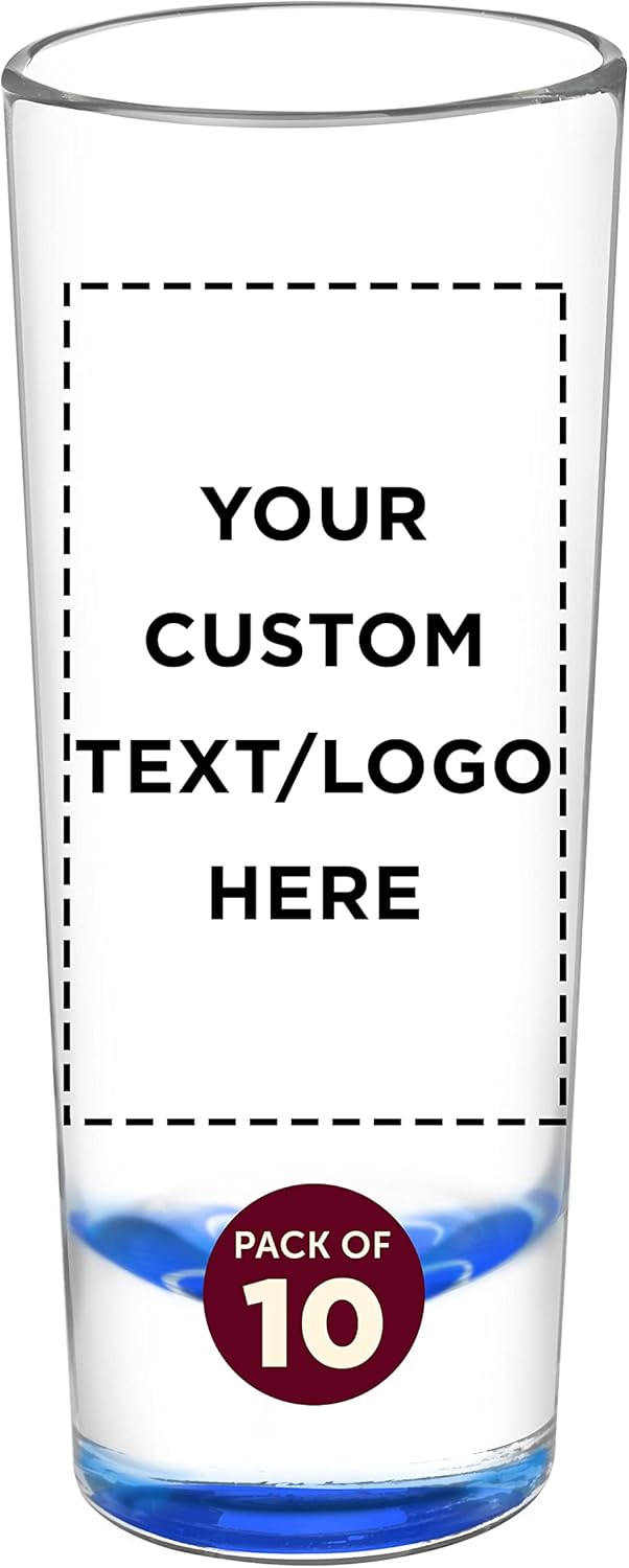 Custom Cordial Shooter Shot Glasses 2 oz. Set of 10, Personalized Bulk Pack - Great for Birthdays, Parties, Indoor & Outdoor Events - Blue