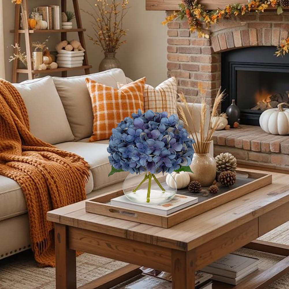 Hollyone Blue Hydrangea Fall Flowers Artificial for Decoration with Glass Vase Autumn Silk Faux Flower Arrangements with Fake Water Table Centerpiece Vase with Flowers Fall Decorations for Home