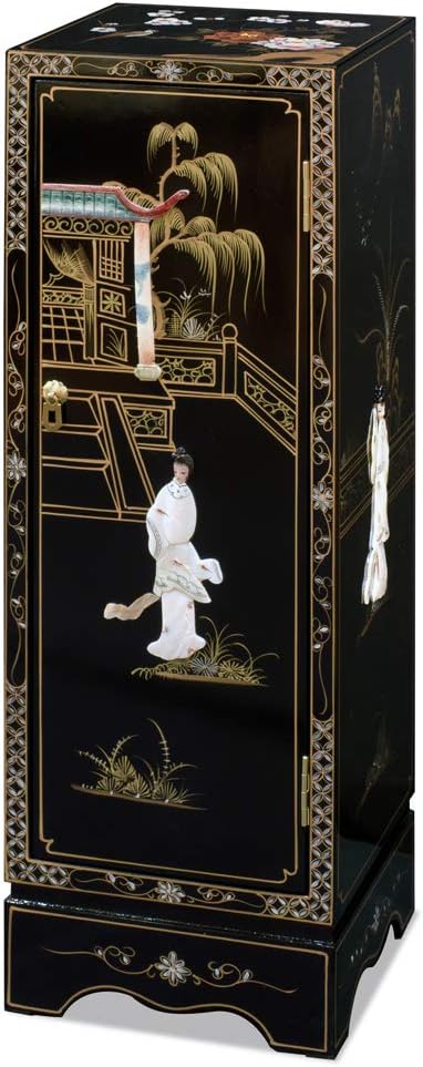 Black Lacquer Mother of Pearl Chinese Pedestal Cabinet by ChinaFurnitureOnline