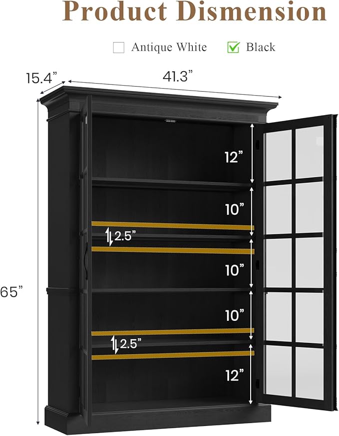 QUW Modern 65" Tall Display Cabinet, Farmhouse Curio Cabinets - Image 3
