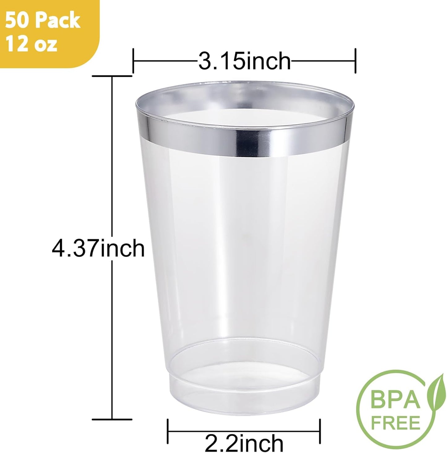 I00000 50 Pack 12 oz Silver Rimmed Disposable Cups, Heavy Duty Plastic Tumblers for Party