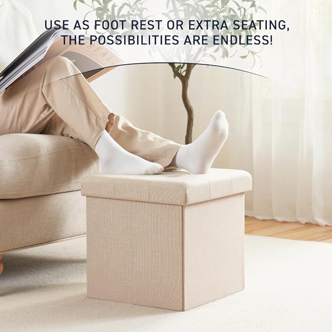 Ornavo Home 2 Pack 15 Inch Folding Storage Ottoman, Square Cube Linen Small - Image 5