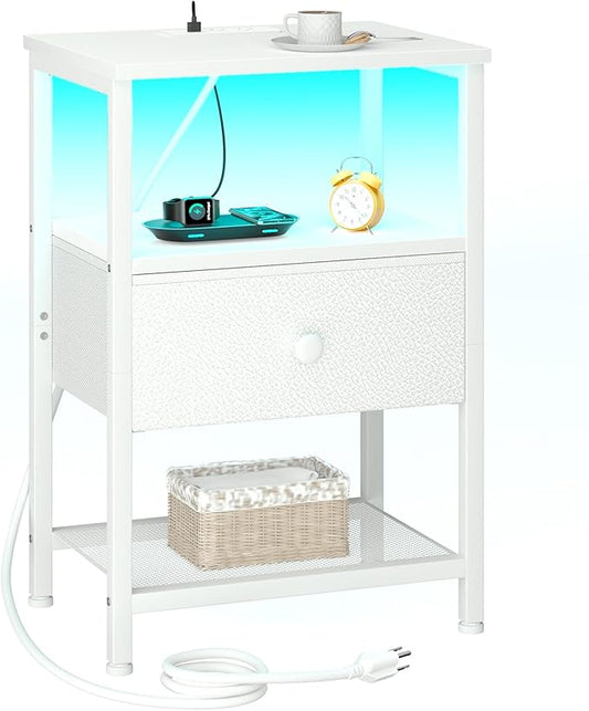 LOAKEKEL LED Night Stand with Charging Station, Small Bedside Table with USB by LOAKEKEL