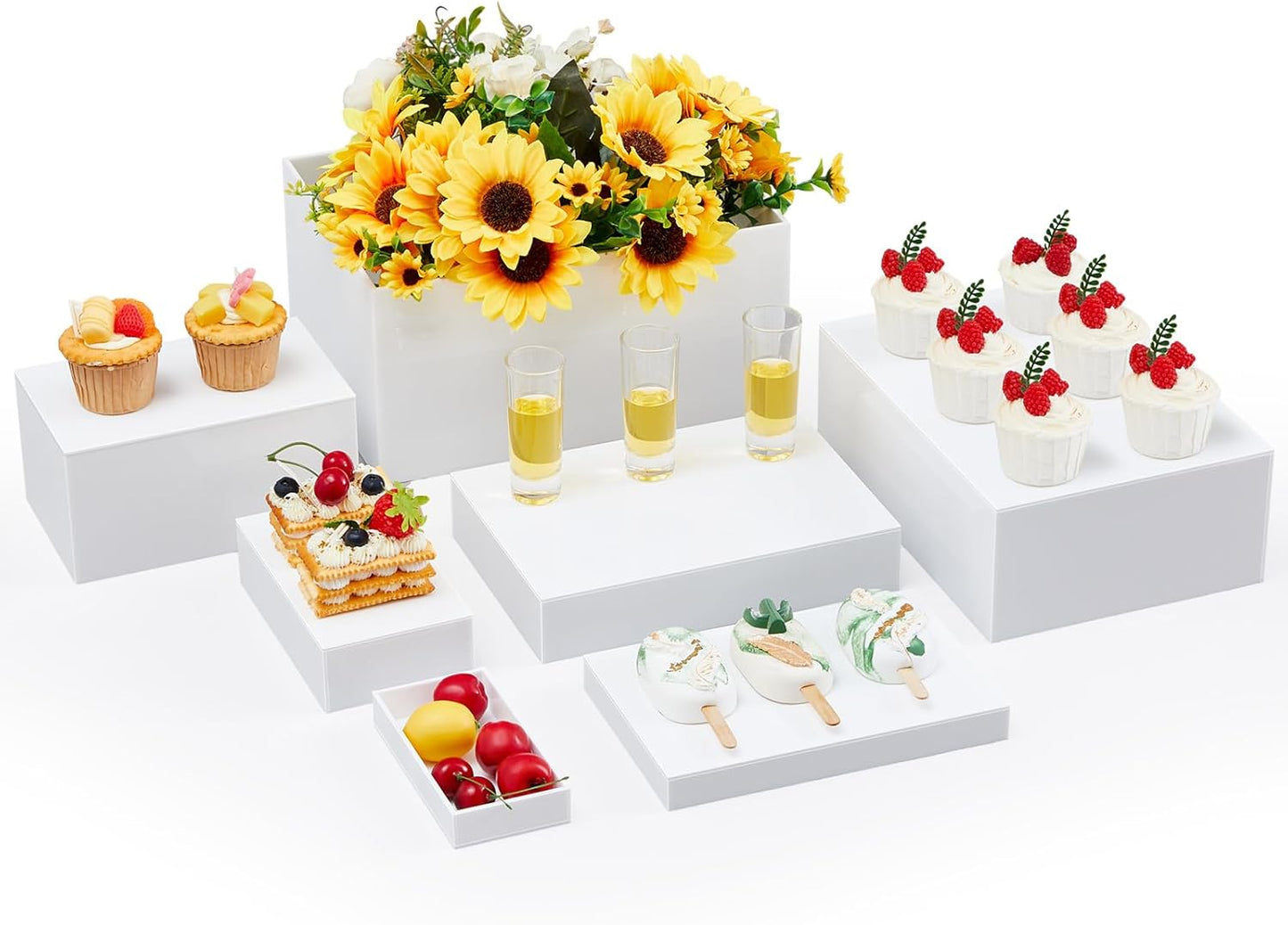 Leinuosen 7 Pcs Large Buffet Risers Set 6" to 12" Acrylic Display Box Catering Dessert Table Riser Food Display Decorative Stand with Hollow Bottom for Catering Supplies(White, Rectangle)