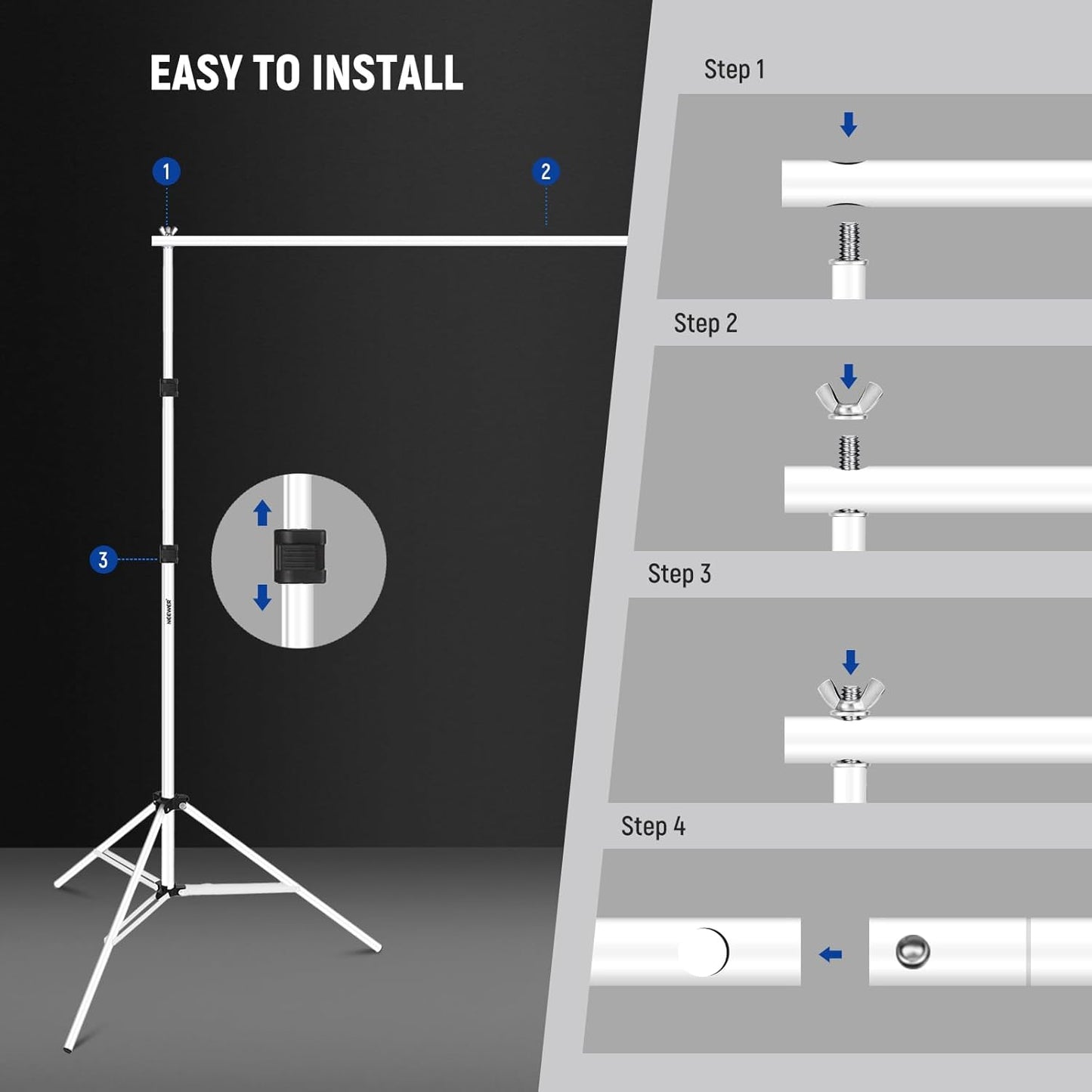 Neewer Photo Studio Backdrop Support System, 10ft/3m Wide 6.6ft/2m High Adjustable Background Stand with 4 Crossbars, 6 Backdrop Clamps, 2 Sandbags, and Bag for Portrait & Studio Photography-White