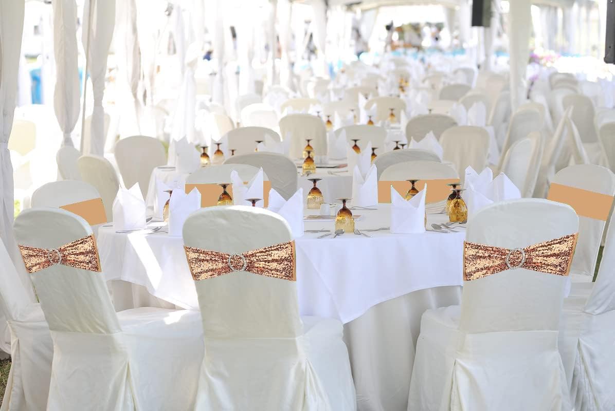 10 Pcs Sequin Chair Sashes Stretch Chair Bands Spandex Polyester Bows for Party Hotel Wedding Banquets Decoration - Rose Gold