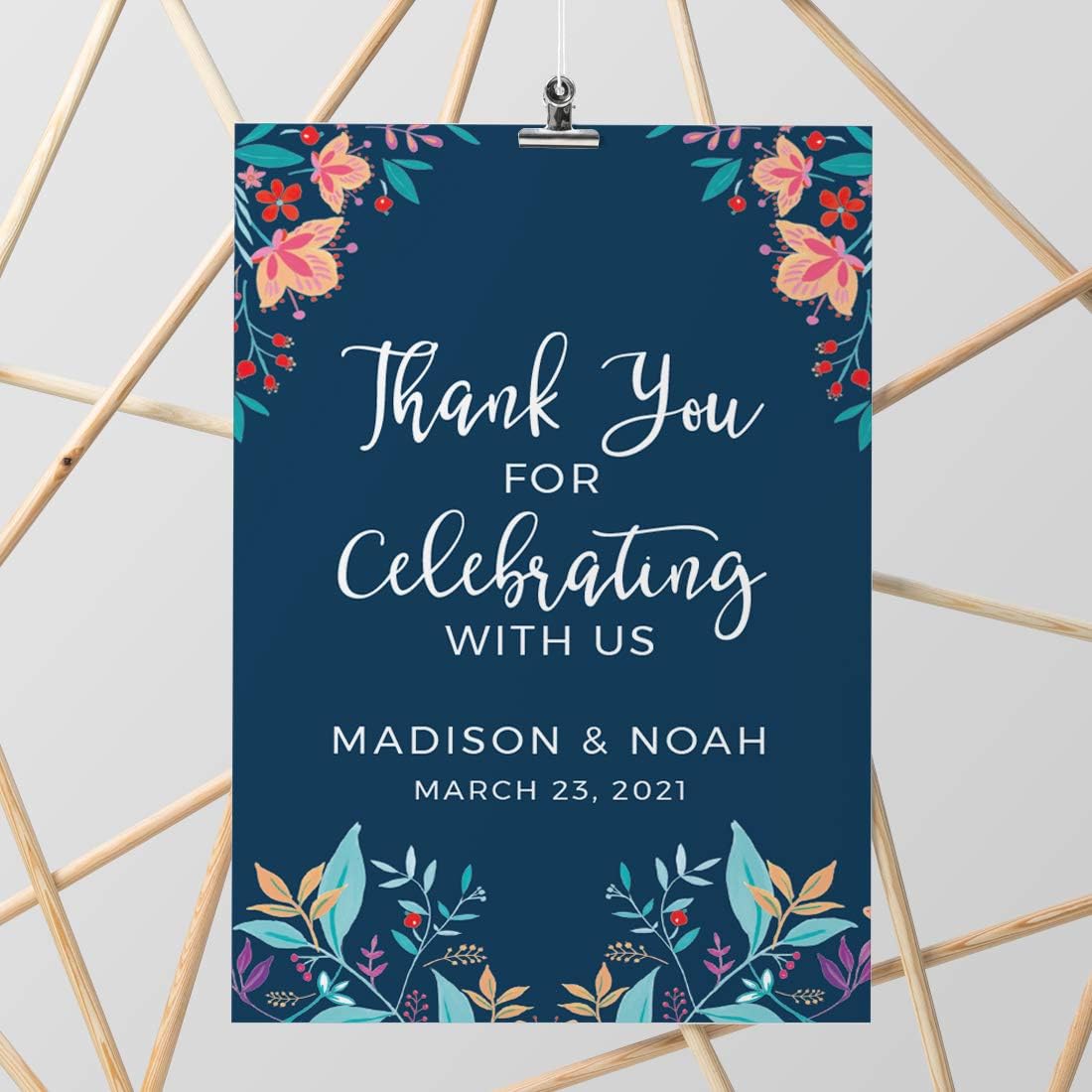 Andaz Press Personalized Extra Large Wedding Easel Board Party Sign, 12x18-inch, Vintage Bohemian Flowers on Navy Blue, Thank You for Celebrating With Us Bride Groom Name Date, 1-Pack, Custom