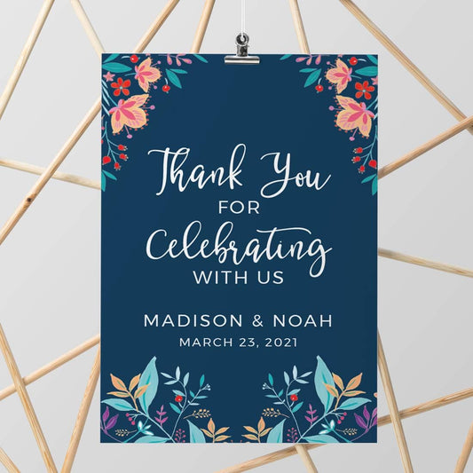 Andaz Press Personalized Extra Large Wedding Easel Board Party Sign, 12x18-inch, Vintage Bohemian Flowers on Navy Blue, Thank You for Celebrating With Us Bride Groom Name Date, 1-Pack, Custom