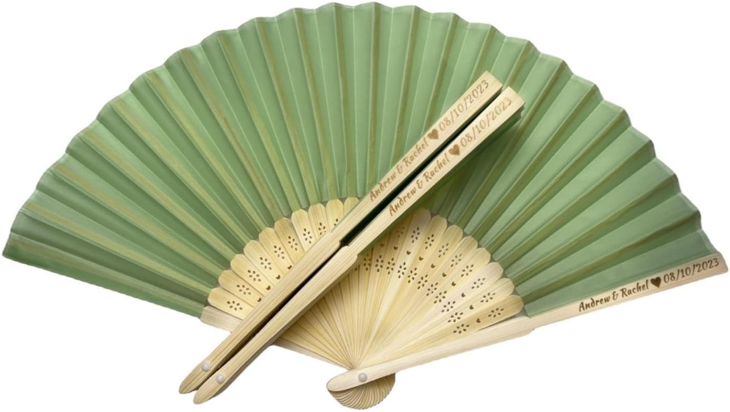Personalized Wedding Fans Handheld Folding Fans(100Pcs) - Custom Engraved Green Silk Fans for Bridal Shower Favor/Baby Shower Favor, Birthdays Party Gifts/Gifts for Party Guests