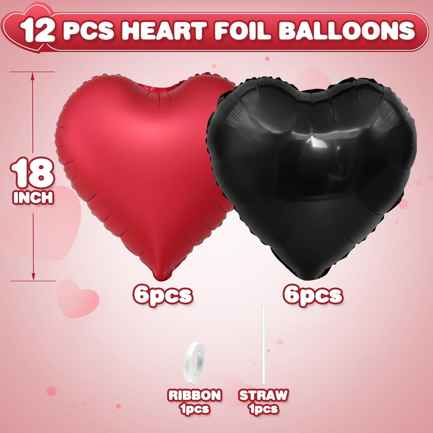 Black Red Heart Balloons,12Pcs 18Inch Black Metallic Red Heart Shaped Foil Helium Polyester Film Balloons for Birthday Anniversary Wedding Engagement Party Decorations