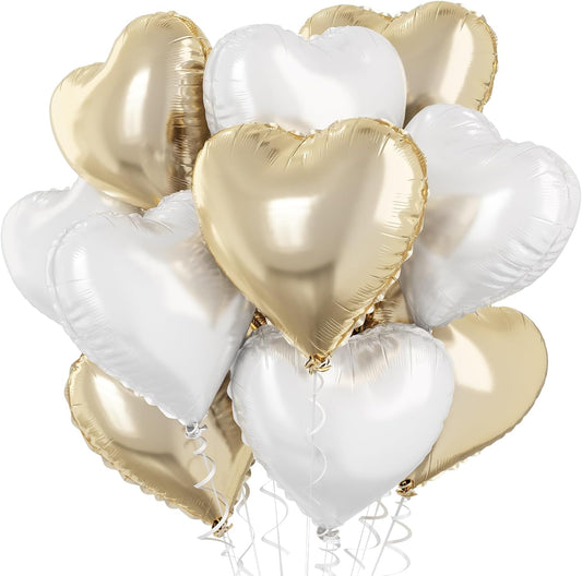 Gold White Foil Heart Balloons, 18 Inch 10 Pcs Pastel Yellow White Mylar Heart Shape Balloons Large Light Yellow and White Heart Balloons for Birthday Wedding Graduation Baby Party Valentines
