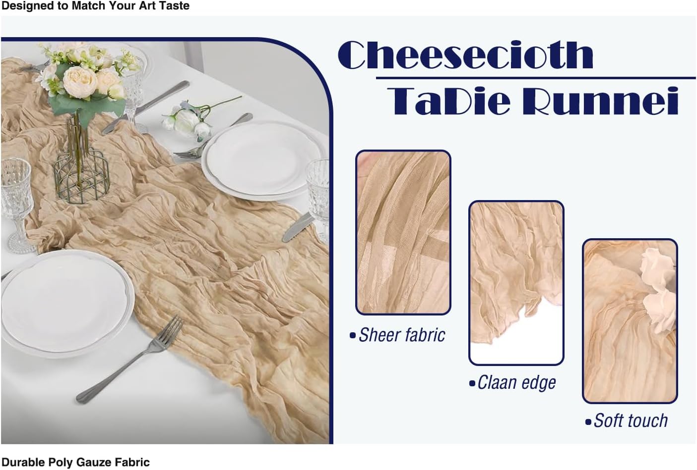 12 Pack Beige 10 Ft Cheesecloth Table Runner 20x121 Inch Boho Wrinkled Sheer Romantic Gauze Decor for Wedding, Bridal Shower, Birthday Party