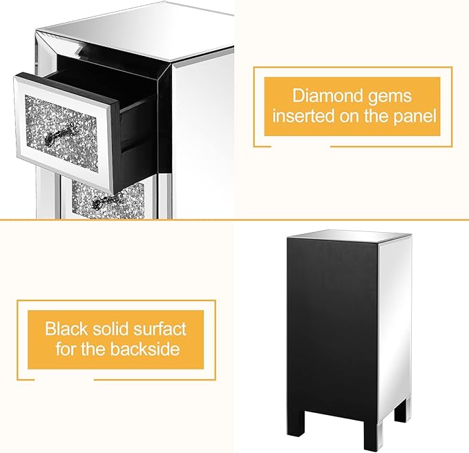 VINGLI 3-Drawer Mirrored Nightstand Bedside Table Glass Accent End Table - Image 8