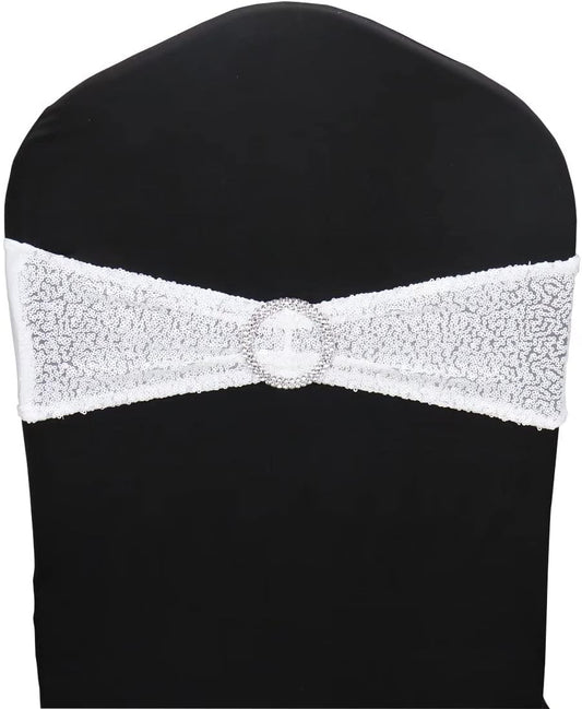 25 Pcs Sequin Chair Sashes Stretch Chair Bands Spandex Polyester Bows for Party Hotel Wedding Banquets Decoration - White